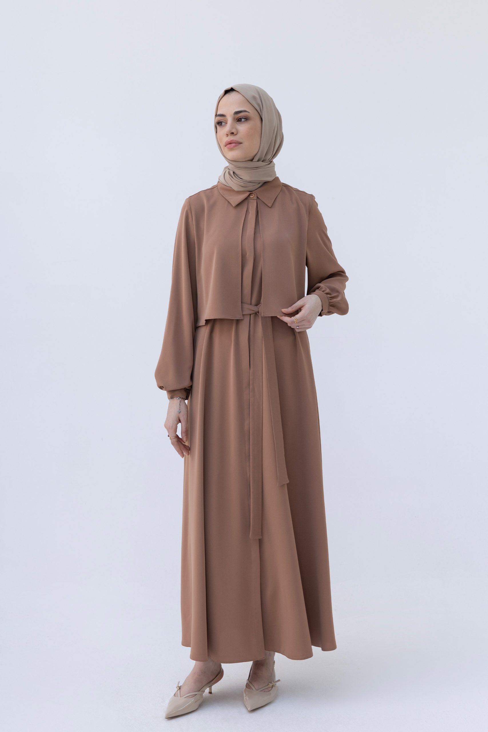 Perla Düğmeli Ferace - Vizon