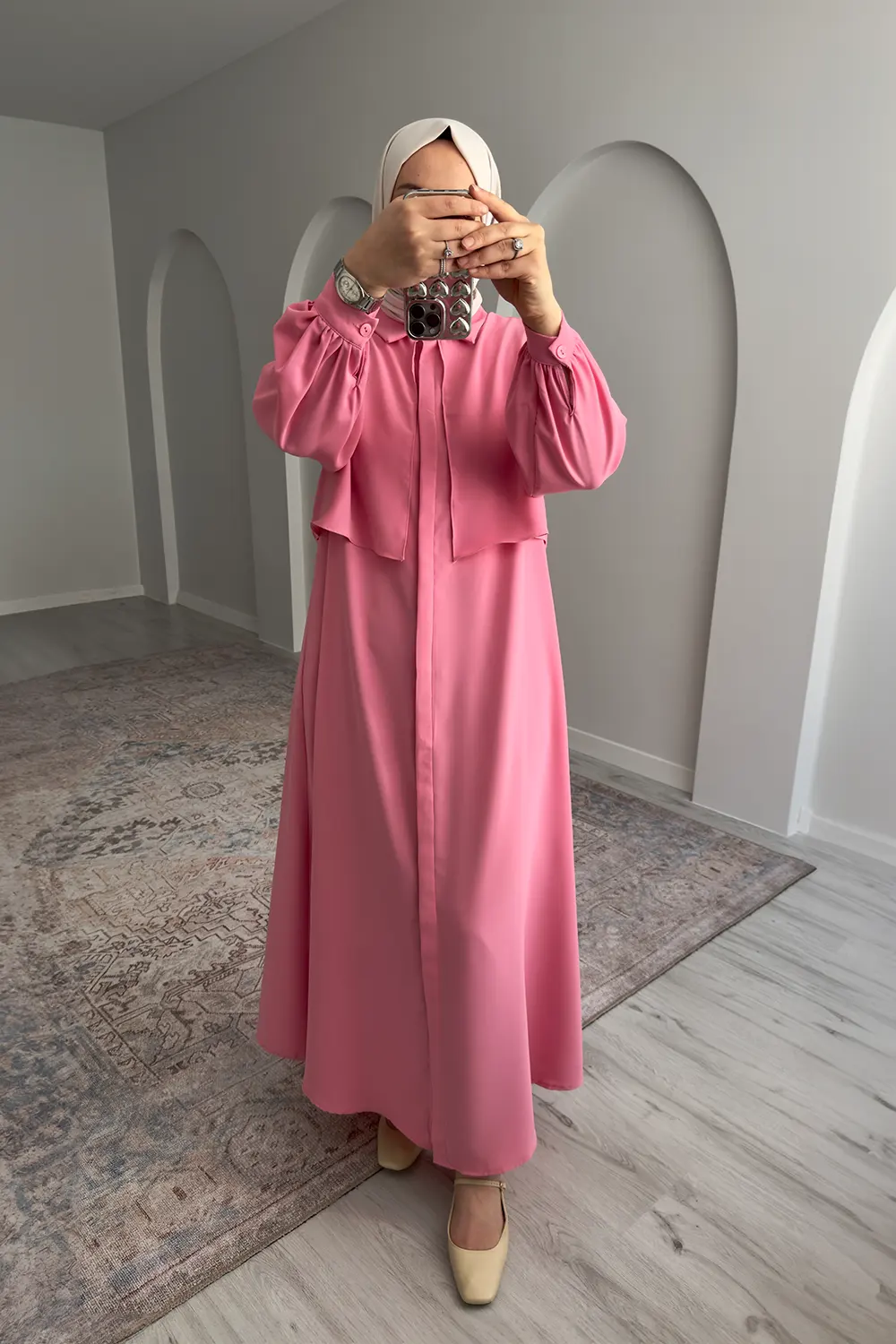 Perla Düğmeli Ferace - Pembe