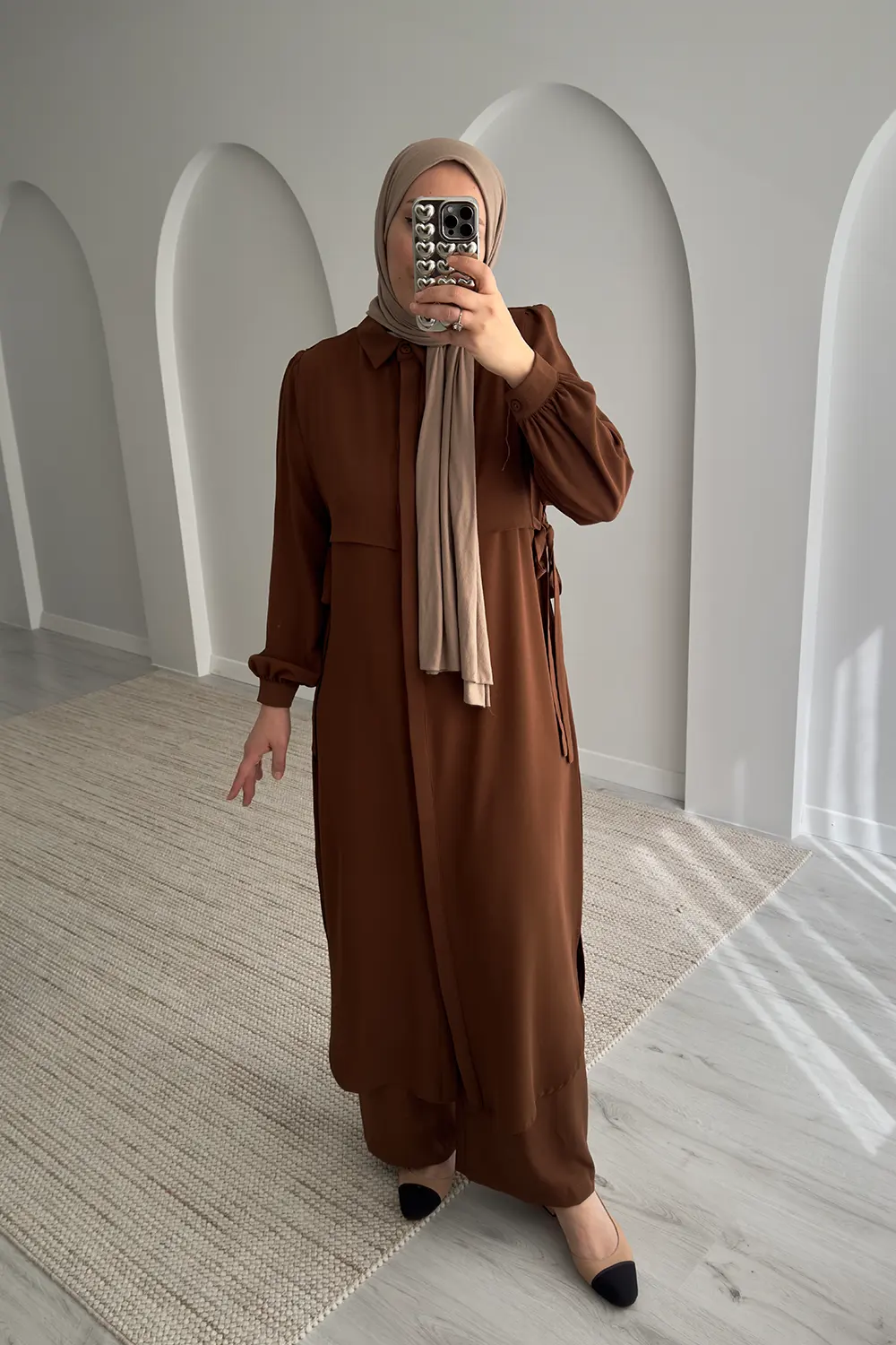 Alya Bel Detaylı Tam Boy Takım - Acı Kahve